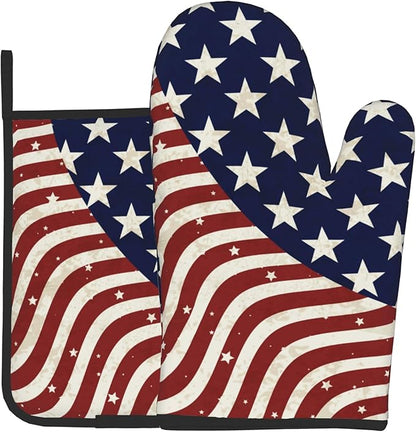 Patriotic Oven Mitts - American Flag Kitchen Mitts Pot Holders 4th of July Hot Mitts Independence Memorial Day Hot Pads Sets of 2 for Cooking Baking Grilling