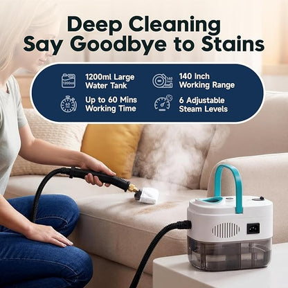 KEROMEE Steam Cleaner, 1500W High Pressure Steamer with 1.27Qt Tank, 15s Fast Heat, 6-Level Adjustable Steam, Portable Machine with 15pcs Kit for Dirt, Grease, Grout, Tile, Floor, Car Detailing