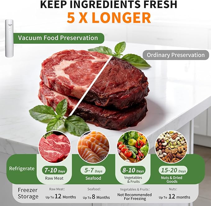 Xinyonxin Handheld Vacuum Sealer Machine with 30 Reusable Bags, Cordless Electric Food Preservation Pump for Meat and Sous Vide, USB Rechargeable Mini Sealing System for Kitchen