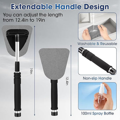 Gray Windshield Cleaner Tool, Car Interior Cleaning Kit with Extendable Handle and 3 Reusable Microfiber Pads, Auto Glass Wiper and Detailing Brush Kit for Car & Home Window