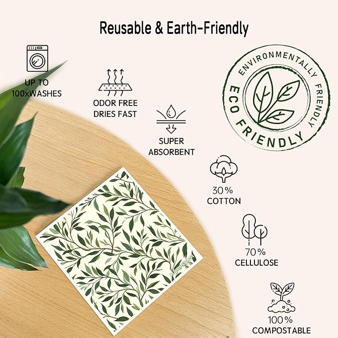 Swedish Dishcloths for Kitchen 6 Pack, Reusable Paper Towels Super Absorbent, Biodegradable Quick Drying Washable Dish Cloths Dishwasher Safe, Perfect as Hostess or Housewarming Gifts (Plants)