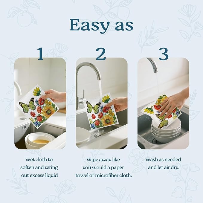 Swedish Dishcloths for Kitchen, Butterfly Floral Summer Dish Rags Kitchen Dish Towels for Washing Dishes, 4 Pack Reusable Paper Towels, Sponge Cloths for Home Cleaning Baking Cooking