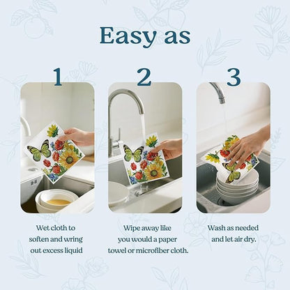 Swedish Dishcloths for Kitchen, Butterfly Floral Summer Dish Rags Kitchen Dish Towels for Washing Dishes, 4 Pack Reusable Paper Towels, Sponge Cloths for Home Cleaning Baking Cooking
