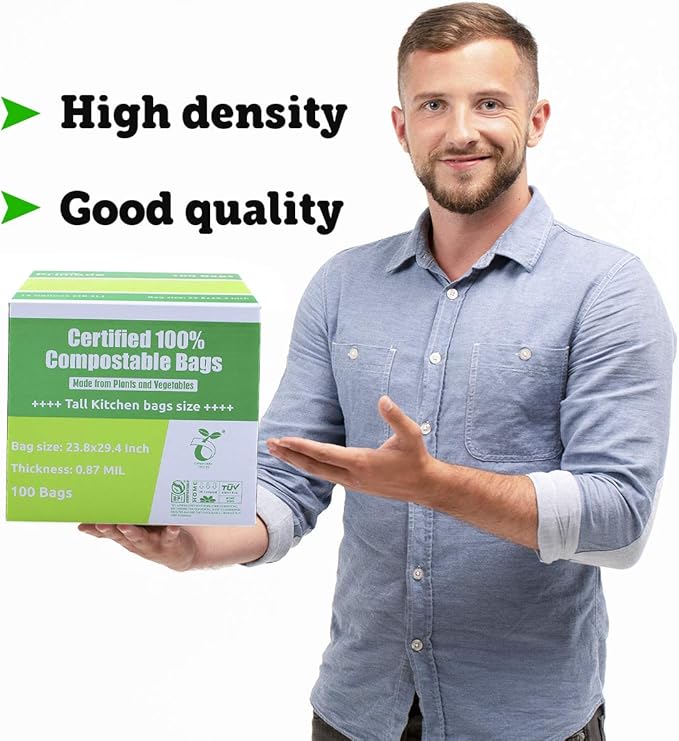 Compostable Bags 13 Gallon, Tall Kitchen Trash Bags, 100 Count, Extra Thick 0.87 Mil. ASTMD6400 Food Scrap Yard Waste Compost Bags, Certified by BPI and TÜV AUSTRIA