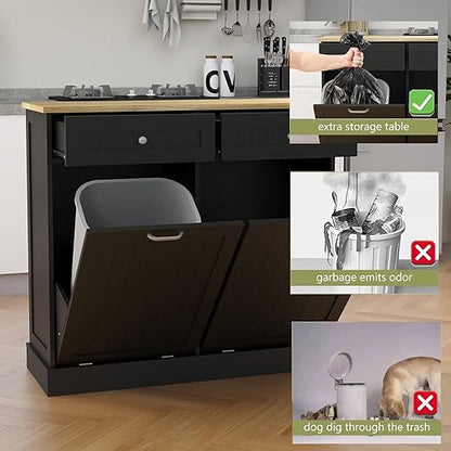 RASOO Double Tilt Out Trash Can Cabinet Freestanding Laundry Hamper Wooden Tabletop with 2 Drawers Kitchen Garbage Can for 10 Gallon, Black