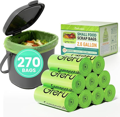 GreFusion Compostable Trash Bags, Small 2.6 Gallon, 270 Count, 0.72 Mils Thick, Eco Friendly, ASTM D6400 & BPI Certified, Composts Food Scraps, No Leaks