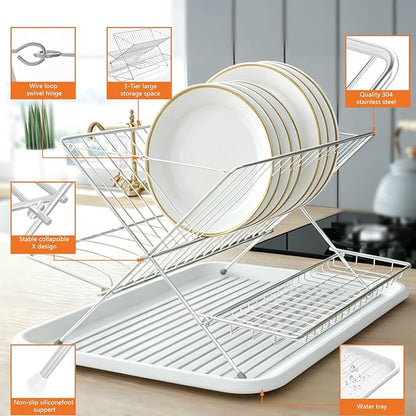 Stainless Steel Foldable Dish Drying Rack, 2 Tier Collapsible Kitchen Rack for Counter, Large Capacity Expandable Dish Drainer Rust Proof