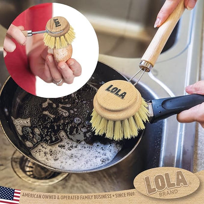 LOLA Dishwashing & Vegetable Brush The Original, 3" Head, Sustainable Wood Handle w/Tampico Fiber Bristles, Safe for Non-Stick Pans, Dishes, Cast Iron Skillet - Easy Head Only Replacement, 1 Pk