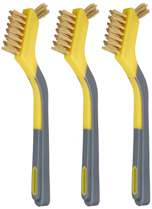 Amazon Basics Brass Mini Wire Brushes for Cleaning, Rust Removal, Paint Removal, Soft Grip Ergonomic Handle, 1/2 inch, Yellow/Grey, 3-Pack