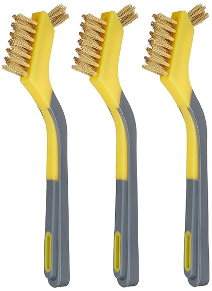 Amazon Basics Brass Mini Wire Brushes for Cleaning, Rust Removal, Paint Removal, Soft Grip Ergonomic Handle, 1/2 inch, Yellow/Grey, 3-Pack
