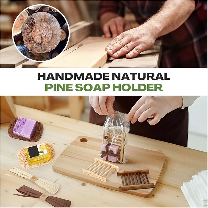 Threehoney 72 Pcs Soap Saver Set Including Wooden Dish Exfoliating Bag Saver Pads Bulk with 100 OPP Transparent Bags 2 Bundles Paper Ropes for Wedding Homemade Gift Mother‘S Day(Classic Color)