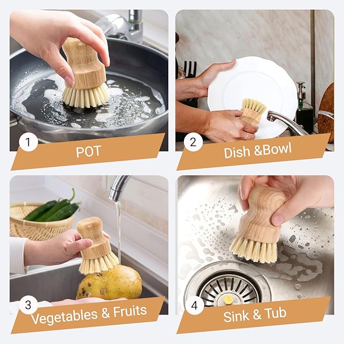 6 Pcs Bamboo Dish Scrub Brushes Wooden Scrubbers Set Kitchen Dishwashing Scrubber with Natural Sisal Bristles for Cast Iron Pots, Pans, Kitchen Sink and Vegetable