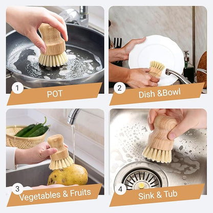 6 Pcs Bamboo Dish Scrub Brushes Wooden Scrubbers Set Kitchen Dishwashing Scrubber with Natural Sisal Bristles for Cast Iron Pots, Pans, Kitchen Sink and Vegetable