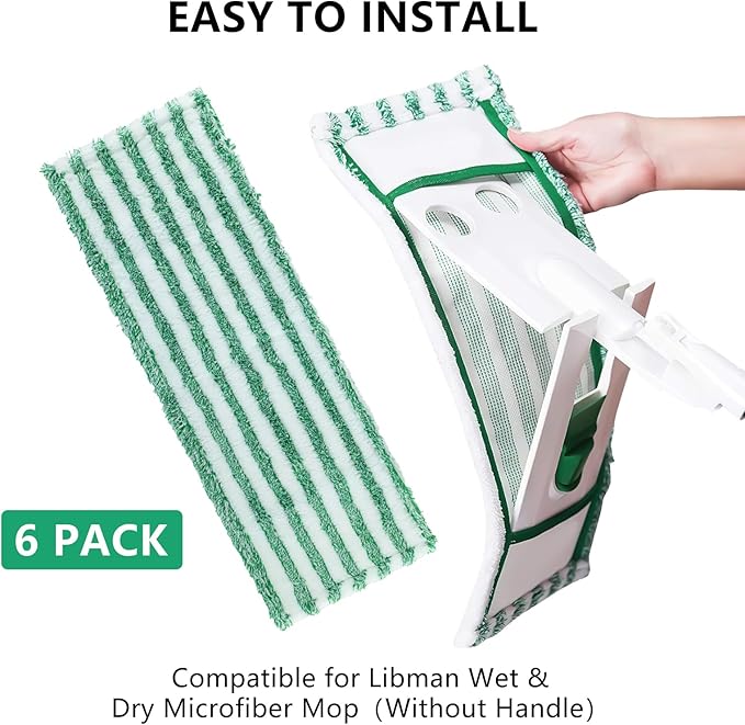 6 Pack Replacement Mop Refills Compatible with Libman Wet & Dry Microfiber Mop, Reusable Washable Mop Head Replacement Pads for Cleaning Multi-Surface Floor (Mop not Included)