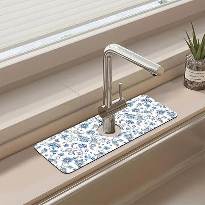 Sink Splash Guard Faucet Mat Paisley Flowers Tulips Leaves Absorbent Fast Drying Mat Sink Gadgets Splash Guard Behind Faucet Drip Catcher for Kitchen Bathroom 15.5"X5.5"