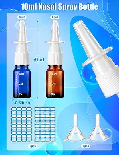 10 Pcs Nasal Spray Bottle, 10ML/0.35OZ 6Pcs Glass Empty Brown Blue Scale Nasal Nose Spray Bottles Refillable with 2 Funnels and 2 Labels