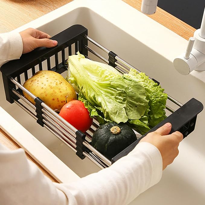 Dish Drying Rack, Adjustable Stainless Steel Drainer Basket Drain Tray for Dishes, Vegetables, and Fruit, On or in Sink Kitchen Basket (Black)