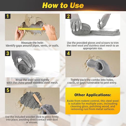 Steel Wool Mice Control - 3 Pack 2.75 in x 11.5 Ft Steel Wool & 1 Pack 5 in x 15 Ft Wire Mesh with Wooden Stick & Gloves & Scissors, Mouse Hole Filler for House Garden Polishing Chrome, Glass