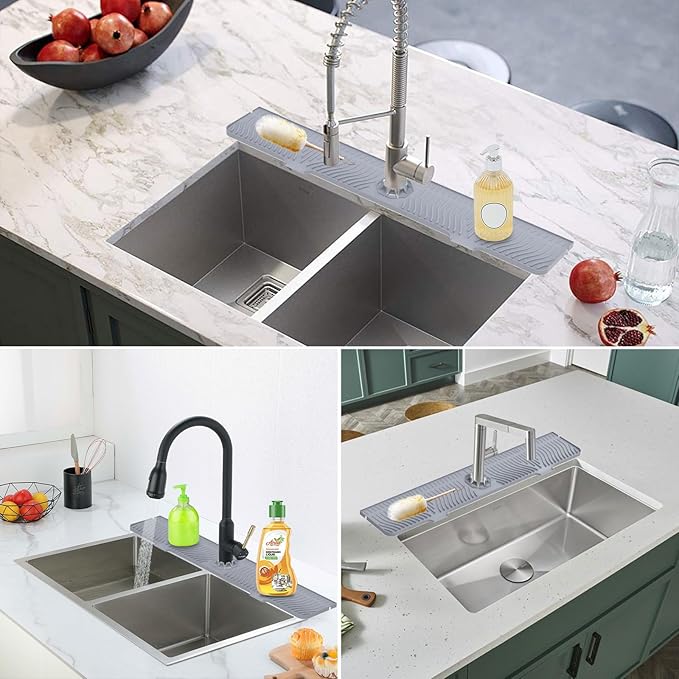 33 inch Sink Splash Guard Mat, Sink Faucet Drying Mat, Silicone Faucet Handle Drip Catcher Tray, Longer Silicone Sink Mat for KitchenBathroom, Drip Protector Splash Countertop (Grey)