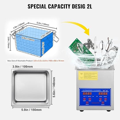 VEVOR 2L Digital Ultrasonic Parts Cleaner with Timer 40kHz Professional 304 Stainless Steel Ultrasonic Cleaner 110V for Jewelry Watch Glasses Diamond Eyeglass Small Parts Cleaning