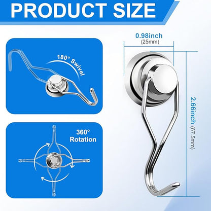 E BAVITE Magnetic Hooks,80LB+ Magnet Hooks Heavy Duty with Swivel Swing 10 Pack Strong Neodymium Magnetic Hook for Cruise Cabins Refrigerator Hanging Garage Workshop Office and Kitchen Silver