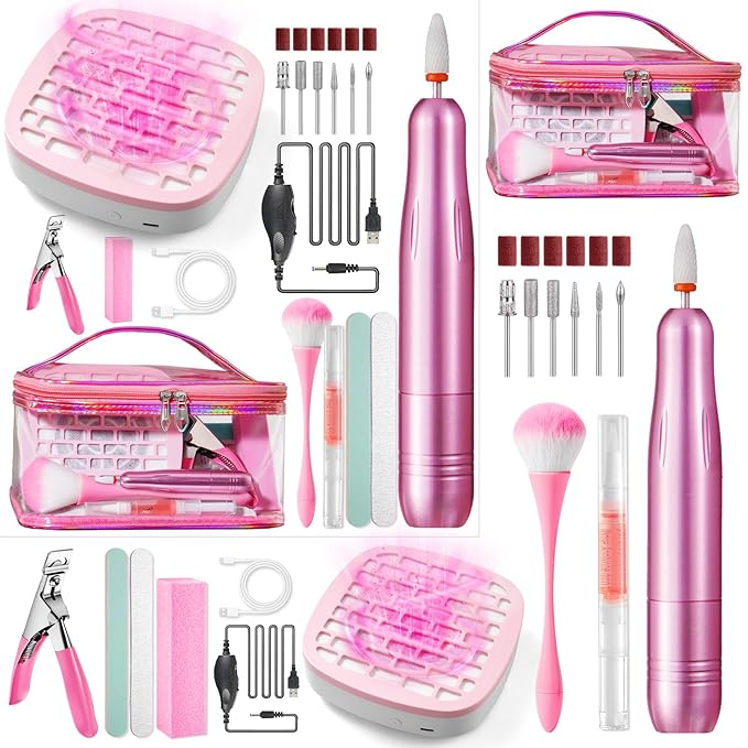 Nail Drill with Dust Collector Kit: 20000RPM Professional Electric Nail File for Acrylic Gel Removal, Manicure Pedicure Polishing, Complete Nail Tool Set in Cosmetic Bag for Home DIY Beginners (Pink)