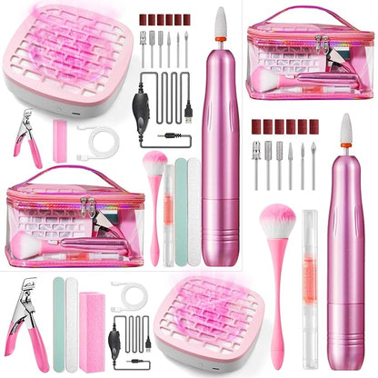 Nail Drill with Dust Collector Kit: 20000RPM Professional Electric Nail File for Acrylic Gel Removal, Manicure Pedicure Polishing, Complete Nail Tool Set in Cosmetic Bag for Home DIY Beginners (Pink)