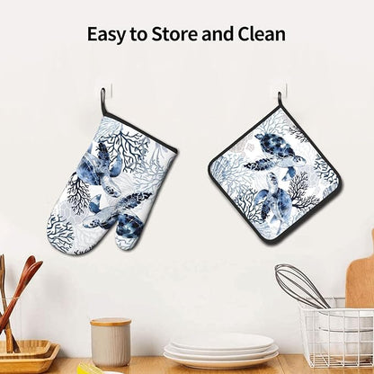 Coastal Oven Mitts and Pot Holders Sets of 2 Summer Kitchen Mitts Blue Sea Turtle Hot Pads for Cooking Baking Grilling