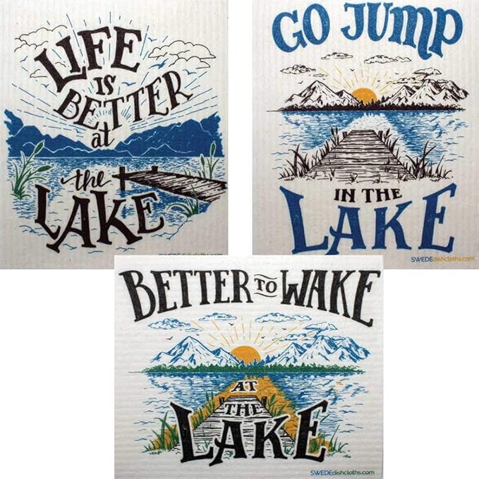 SWEDEdishcloths - Cellulose Sponge Dish Towels - Mixed Set of 3 (One of Each Design) Lake Life Swedish Dish Cloths