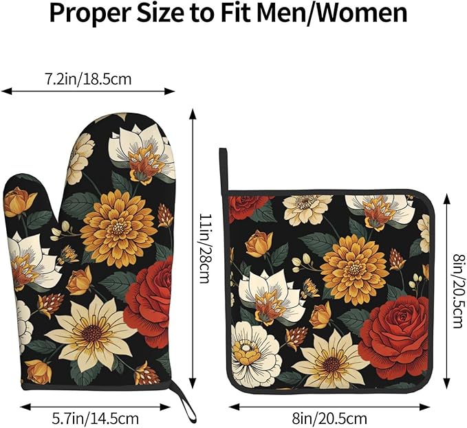 Boho Floral Oven Mitts and Pot Holders Sets of 2 Vintage Kitchen Mitts Bohemian Flower Hot Pads for Cooking Baking Grilling