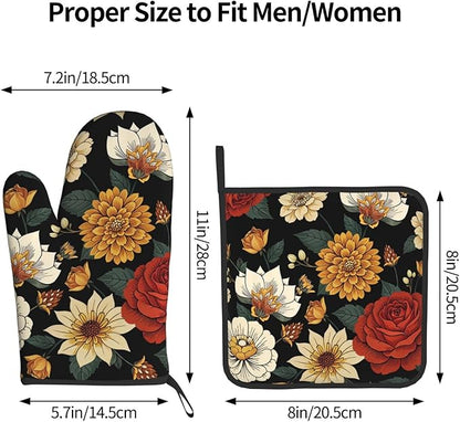 Boho Floral Oven Mitts and Pot Holders Sets of 2 Vintage Kitchen Mitts Bohemian Flower Hot Pads for Cooking Baking Grilling
