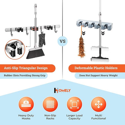 Homely Center Mop and Broom Holder Wall Mount – Heavy-Duty Closet Organizer for Garage, Kitchen, Laundry Organization – Tool Hanger with 3 racks and 4 hooks