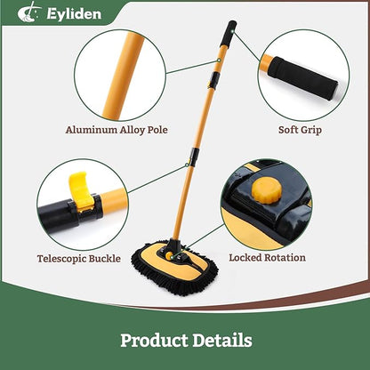 Eyliden Car Wash Brush Mop with Long Handle, 90° Swivel Head with 45° Angle Lock, 2 Scratch-Free Microfiber Heads, Car Detailing Kit for Car Truck RV, Yellow & Black