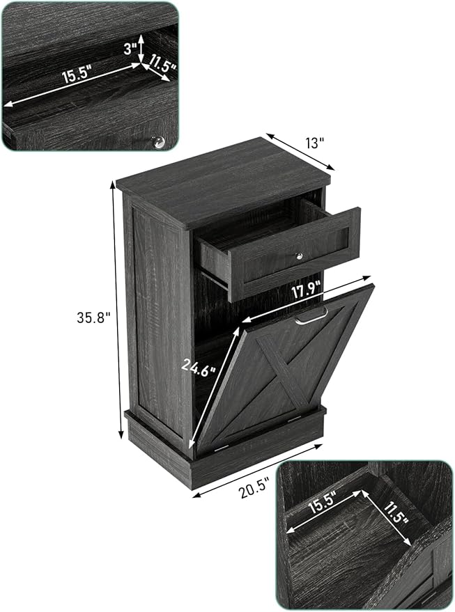 TOLEAD 10 Gallon Tilt Out Trash Can Cabinet Wooden Hidden Trash Cabinet with Solid Wood Top & Drawer, Farmhouse Kitchen Garbage Bin Enclosure Pet Proof Laundry Hamper for Kitchen, Bathroom Grey