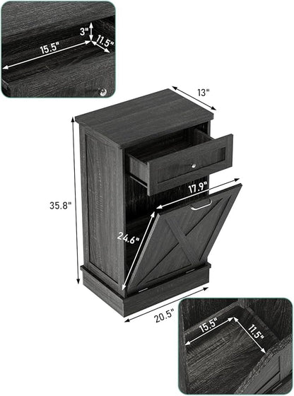 TOLEAD 10 Gallon Tilt Out Trash Can Cabinet Wooden Hidden Trash Cabinet with Solid Wood Top & Drawer, Farmhouse Kitchen Garbage Bin Enclosure Pet Proof Laundry Hamper for Kitchen, Bathroom Grey