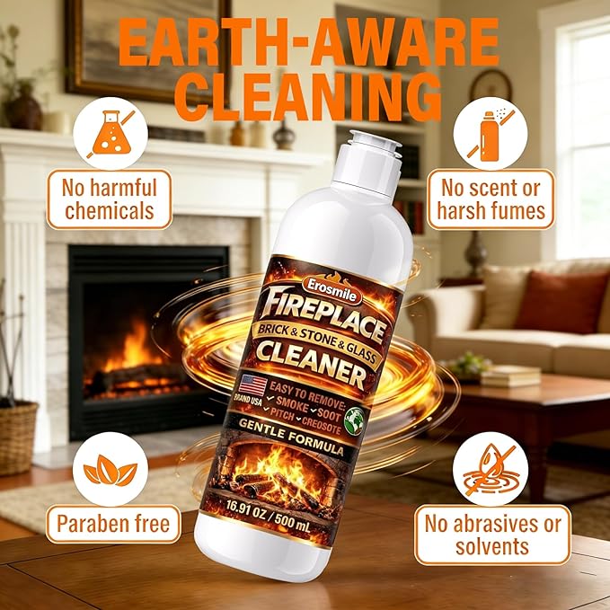 Fireplace Cleaning Set Fireplace Soot Remover with Scrub Brush for Brick, Stone, Rock, Tile, and Marble – Nonabrasive Brick Cleaner, Gentle Formula for Bricks & Glass Indoor and Outdoor -16.91 oz