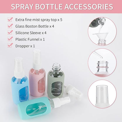HOMBYS Empty Clear Glass 2oz Small Spray Bottles with Silicone Sleeve Protection - Refillable Containers for Travel, Cleaning Solutions, Essential Oils, Sanitizers - Fine Mist Spray - 4 Pack-Clear
