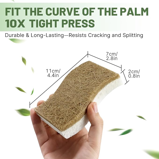 12 Pack Biodegradable Kitchen Dish Sponges, Natural Plant-Based Coconut Fiber and Compostable Cellulose Sponge, Non-Scratch Heavy Duty Scrub Sponges for Non-Stick Cookware, Kitchen Household Cleaning