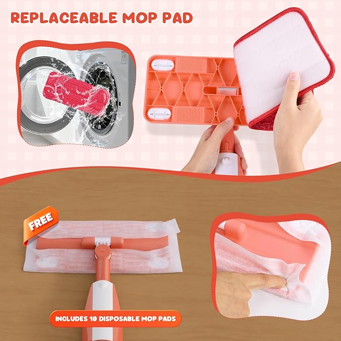 Kids Spray Mop - Chores Chart Set Montessori Cleaning Set Toy with Real Water Sprayer 2PCS Washable Pads and 10PCS Disposable Mop Pads for Ages 3-8 (Pink)