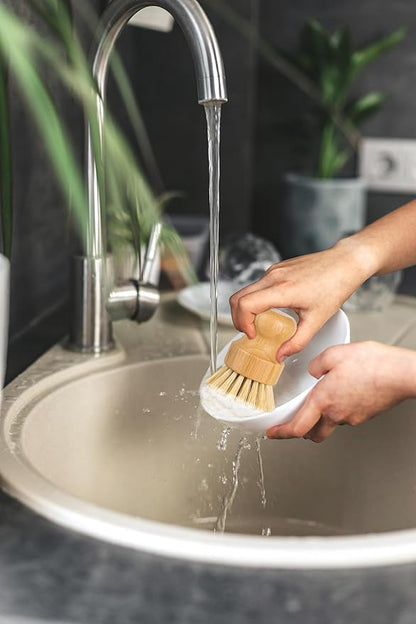 Bamboo Dish Scrub Brush for Kitchen Sink, Natural Wooden Washing Dish Brush Scrubber, Sisal Bristles Brush for Household Cleaning Cast Iron Brush Pots(Ceramic Dish+ 4P Sisal)