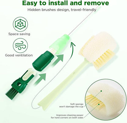 OUTXE 6 Pack Bottle Brush Set, 5-in-1 Water Bottle Cleaner Brush, 14" Long Handle Bottle Cleaning Brush, 3 Straw Brush, Removable Nipple Detail Brush for Cup Lid Gap, with Replecement Sponge