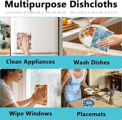 6Pcs 6 Styles Swedish Dishcloths for Kitchen Reusable Quick Drying Sponge 7.7 x 6.8 Inch Countertop Cleaning, Floral Swedish Dish Cloth Absorbent Towels for Dishes Home Tableware Wiping Use