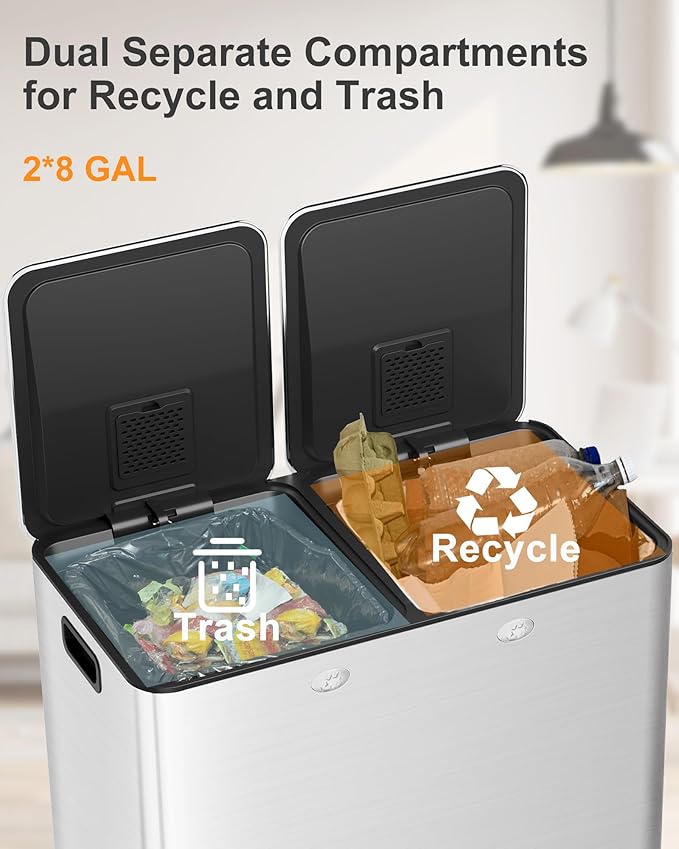 Large Stainless Steel Dual Compartment Recycling Trash Can 60 l/16 Gal Kitchen Trash Can Recycle Bins with Lid Waste Bin with Removable Buckets, Bathroom,Kitchen Garbage Can