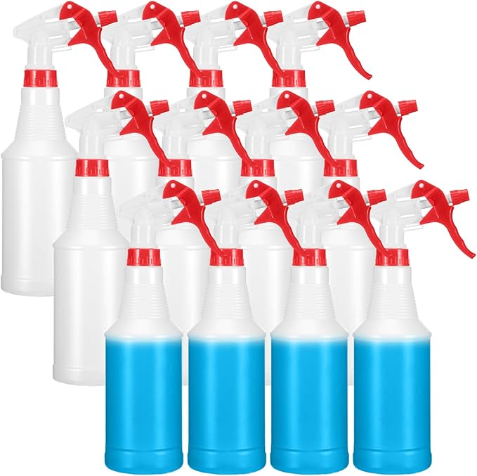 Eccliy 12 Pcs 16 Oz Plastic Spray Bottle, Adjustable Empty Reusable Sprayer for Cleaning, Planting, Water, Bathroom and Kitchen, BBQ, Commercial and Residential (Translucent,Red,Smooth)
