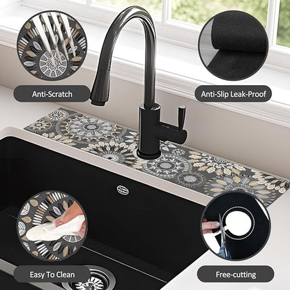 24" X 5.5" Kitchen Sink Splash Guard Faucet Mat Mandala Super Absorbent Fast Drying Faucet Guard & Draining Mat Sink Splash Guard Behind Faucet for Kitchen, Bathroom