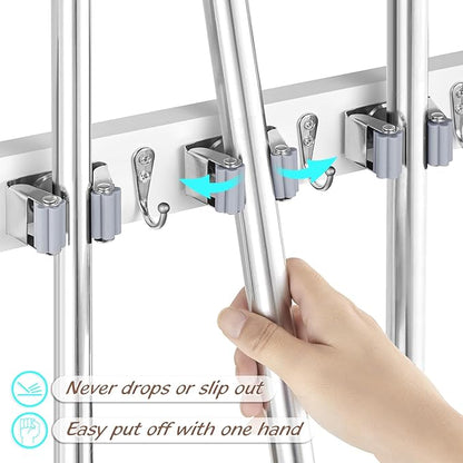 OUTNILI White Mop Broom Holder Wall Mount with 3 Slots & 4 Hooks - Wood Broom Mop Hanger for Pantry Kitchen Organization - Garden Tool Organizer for Closet Laundry Room
