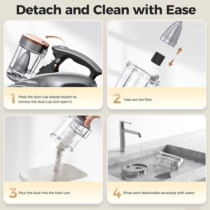 JIGOO 2-in-1 Mattress and Pet Hair Vacuum Cleaner, Bed Vacuum Cleaner with Dust Sensor, Ultrasonic and High Heating, Deep Cleaning Bed Vacuum for Sofa Bed Fabric Surface (S100 Cordless,Gray)
