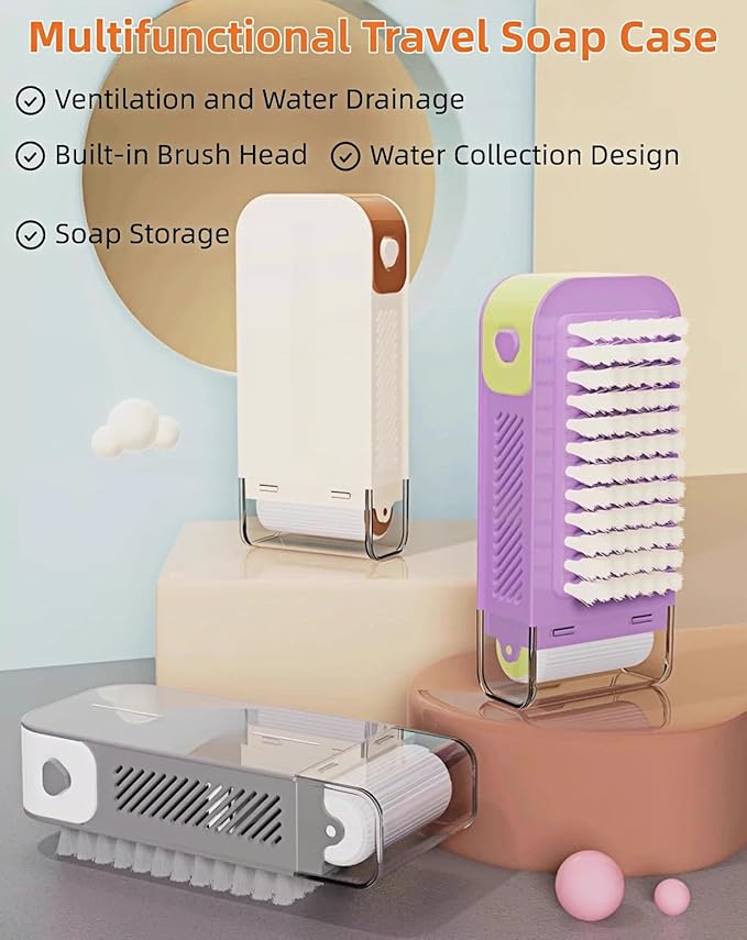Travel Soap Case, 3-in-1 Leak Proof Soap Holder with Brush & Lathering Roller, Portable Container for Laundry & Shoe Washing, Ideal for Travel, Camping, Gym, Dorm (Multicolor)