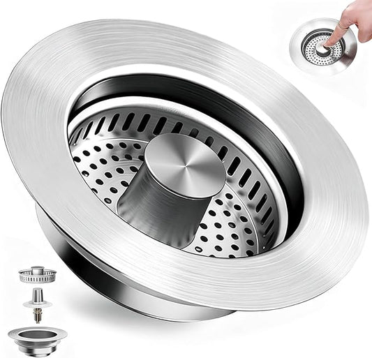 3 in 1 Kitchen Sink Drain Strainer, Universal Pop Up Stopper with Brass Core & Removable Stainless Steel Filter Basket, Anti-Clogging Sink Drain Strainer for US Standard 3-1/2'' Drain Hole