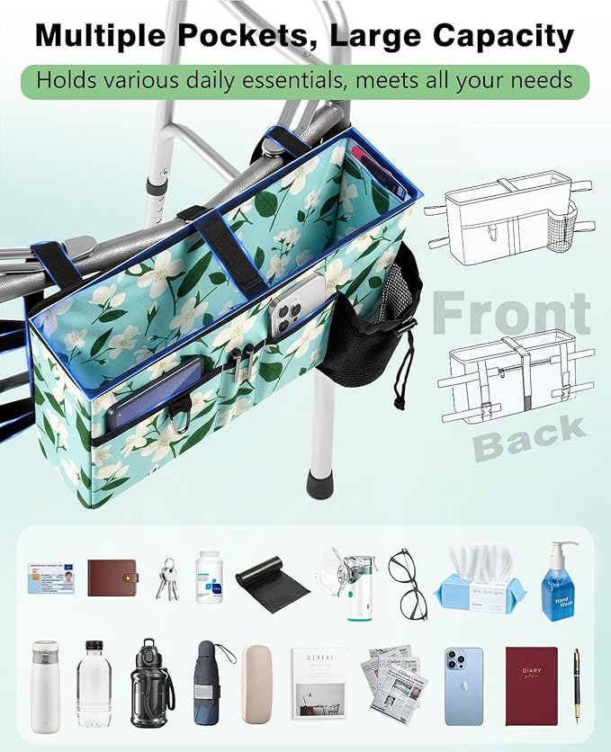 Rhino Valley Walker Bag, Secure Fit Walker Basket with Cup Holder, Large Capacity Foldable Walker Accessories for Seniors, Detachable Folding Walker Pouch Organizer for Older Elderly Gifts, Lily